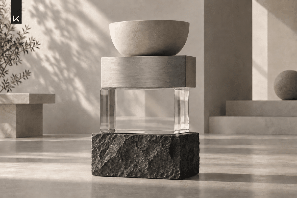 Composición de piedra, vidrio, metal y cerámica alineados como un sistema de señales de confianza, con la pleca negra de Kuxtom suspendida desde el borde superior.