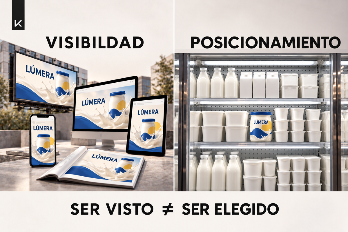 Marca láctea ficticia expuesta en distintos medios y un producto diferenciado dentro de un refrigerador
