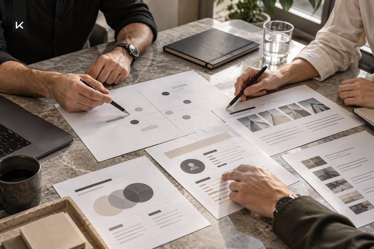 Equipo revisando audiencia, competencia, diferenciadores y pruebas para definir un posicionamiento de marca